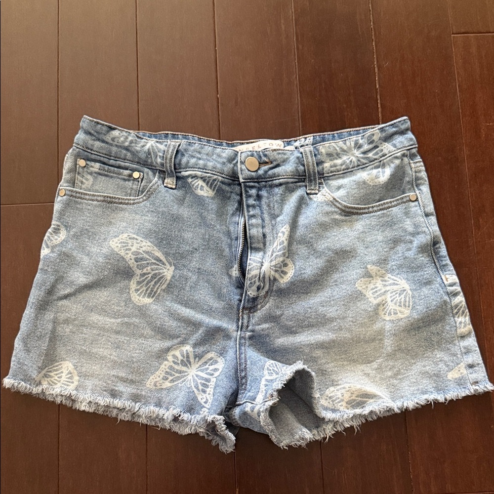 Insight Blue Butterfly Print Jean Shorts